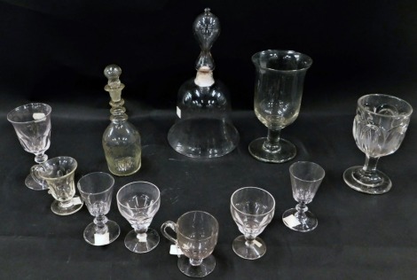 A 19thC clear glass novelty bell, a large goblet or celery vase, with cylindrical stem, and other glass. (1 tray)