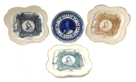 Three F.W.G Victoria Jubilee square plates, each printed with Victoria and her palaces, in shades of black, brown, and turquoise, and an Elizabeth II Daily Mail issued Wedgwood fifty year commemorative plate.