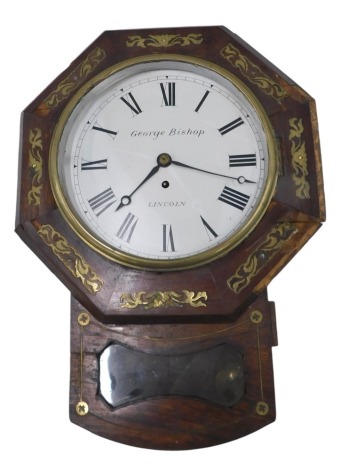 A 19thC rosewood and brass inlaid drop dial clock, signed George Bishop of Lincoln, 50cm high. (AF)