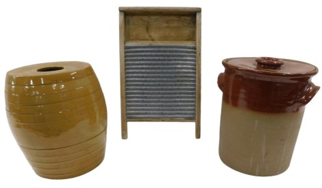 A pine and zinc wash board, stoneware barrel, and a stoneware jar and cover.