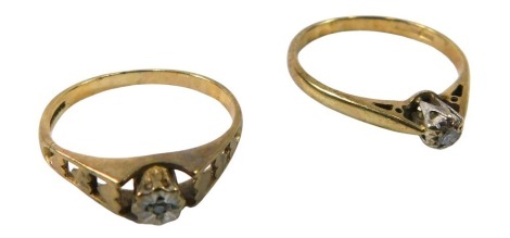 Two 9ct gold dress rings, each stone set with central illusion set tiny diamond, one as a solitaire, ring size M, and another with heart shaped pierced shoulders, ring size I½, 2.6g all in.