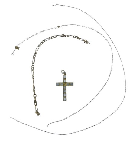 Various chains, comprising a 9ct gold fine link neck chain, and a 9ct gold Byzantine link bracelet, 2.1g, (AF), and a plated crucifix.