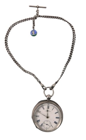 A Victorian silver pocket watch, the white enamel Roman numeric dial with silvered hands and seconds dial, with shield engraved case, and a silver watch chain, with T bar and enamel clip, the watch maker AB, Birmingham 1890, 150.4g all in.