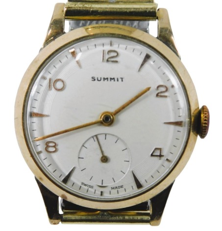 A Summit 9ct gold cased gentleman's wristwatch, the cream numeric dial with gold hands and seconds dial, bearing reverse inscription to H Holditch for 50 years service, on an expanding stainless steel and plated strap, the dial 2.5cm diameter.