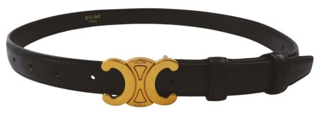 A Celine of Paris belt, with gold coloured buckle, on black leather belt.