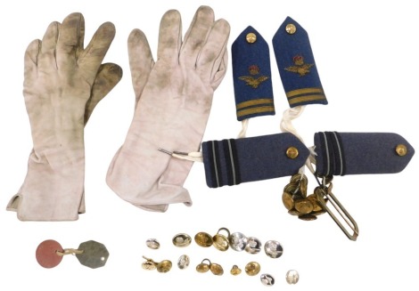 Military Interest. Four shoulder sashes, white gloves, tags, military buttons, buckle, etc.