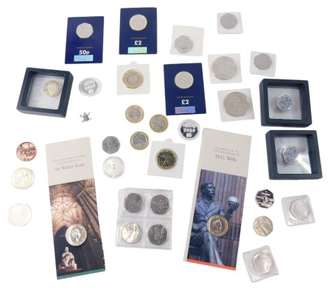 Fifty pence and two pound collectors coins, to include Corona Virus, Survival of 2020, WWI, commemorative Birth of Sir Walter Scott, H G Wells, etc., enclosed in a coin case.