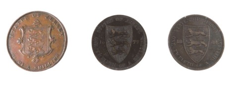 Various shillings, to include a Jersey 1851 one thirteenth of a shilling, an 1877 one twelfth of a shilling, and an 1888 one twelfth of a shilling. (3)