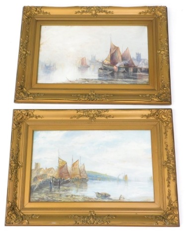 20thC School. Coastal scenes with boats, etc., oil on board, a pair, 37cm x 54cm.