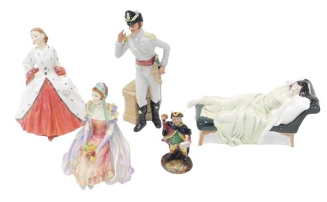 Five Royal Doulton figures, comprising Sleeping Beauty HN3079, 21cm high, The Ermine Coat HN1981, 20cm high, Morning Ma'am HN2895, 23cm high, Cynthia HN1686, 14cm high, and The Town Crier HN3261, 10cm high. (5)