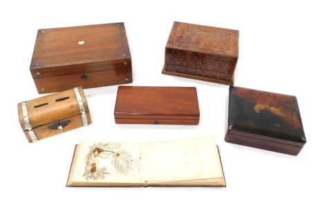 An early 20thC burr yew box with drawer, and other boxes, etc., 23cm wide.