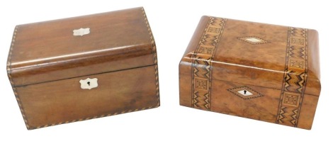 A Victorian walnut and parquetry work box, 25cm wide, and a mahogany box with chequer banded border. (2)