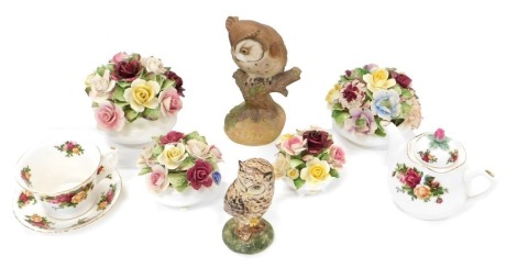 A quantity of ceramics, to include an Aynsley Scops owl, a Babbacombe pottery owl, Royal Albert Old Country Roses, etc.