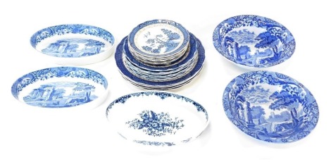 Three Copeland Spode Italian oven to tableware, blue printed oval dishes, two bowls, and various items of Booths Real Old Willow pattern.