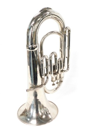 A silver plated horn, stamped H75983, 57cm long.