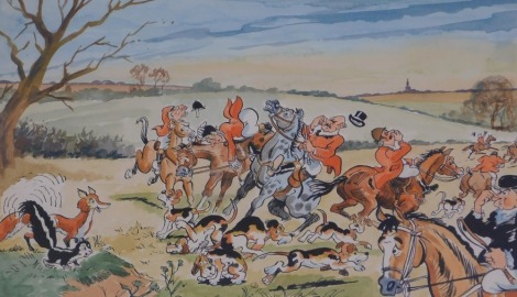 Terry Shelbourne (1930-2020). Cartoon hunting scene with fox and skunk, watercolour, 29cm x 49cm.