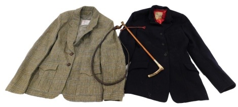 Horse riding accessories, comprising a Parr and Co of Leicester lady's riding jacket, a horse riding whip with horn handle, and a Johnson Dong tweed jacket. (3)