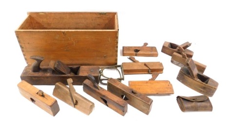 A 19thC toolbox and contents of wood block planes, to include Yarville and Sons of York, etc.