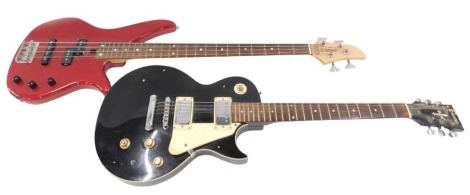 Two electric guitars, comprising Yamaha bass, and an Encore Les Paul style electric guitar, 110cm and 100cm high. (2, AF)