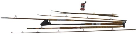 Fishing tackle, comprising Euro Gold 1331-360 split cane fishing rod, net, camera tripod, various split cane rods, etc.