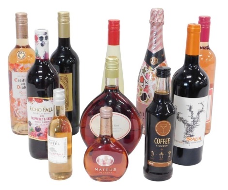 Various wine and spirits, to include Casillero Del Diablo rose, Mateus, Echo Falls, Vilaranu rose brut. (11)