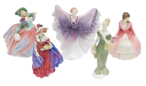 Royal Doulton and other figures, comprising Lorna HN2311, 23cm high, Lady April, 20cm high, Isadora HN2938, 20cm high, Autumn Breezes HN1911, 15cm high, and Charmian HN1568, 16cm high. (5)