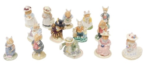 Various Royal Doulton Beatrix Potter figures, to include Mr Apple, Wolfred Toadflax, Lady Woodmouse, Mrs Apple, Primrose Woodmouse, Mrs Salt Apple, Primrose Entertains, Lord Woodmouse, Dusty Dogwood, Mr Toadflax, Wolfred Entertainment, Poppy Eyebright, an