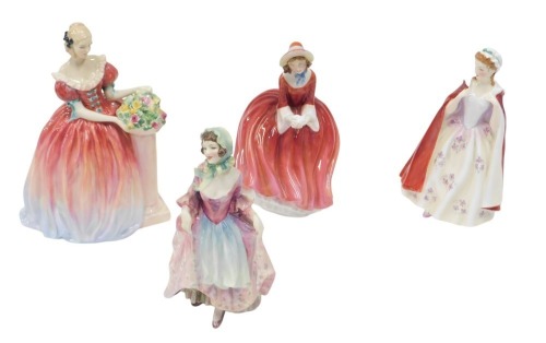 Four Royal Doulton figures, comprising Suzette HN1487, 19cm high, Denise HN2273, 19cm high, Rosanna HN1986, 21cm high, and Bess HN2002, 18cm high. (4)