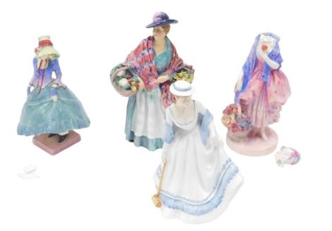 Four Royal Doulton figures, to include Summertime HN3137, 20cm high, Pantalettes HN1462, 20cm high, Phyllis HN1486, 19cm high, and Romany Sue HN1757, 24cm high. (4, AF)