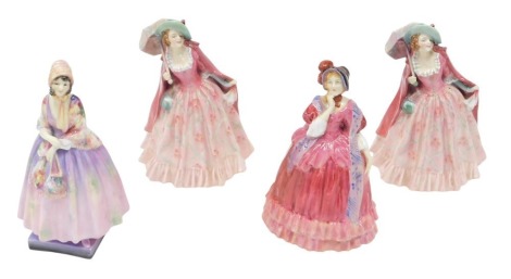 Four Royal Doulton figures, comprising Mirabel HN1744, 20cm high, Barbara HN1432, 20cm high, Mirabel Hn1744, 20cm high, and Quality Street HN1211, 19cm high. (4, AF)