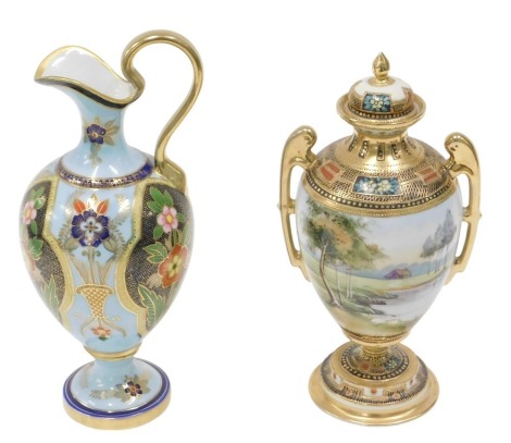 Two Noritake vases, comprising a blue urn, on ground with gilded border and flower tamped Noritake, 24cm high, and a jar and cover, decorated with swans and trees, gilded decoration, 24cm high. (2, AF)