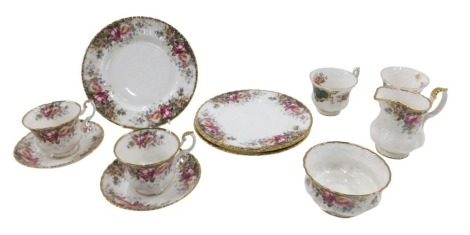 A Royal Albert Berkeley pattern part tea service, comprising four teacups, milk jug, sugar bowl, two saucers and four plates.