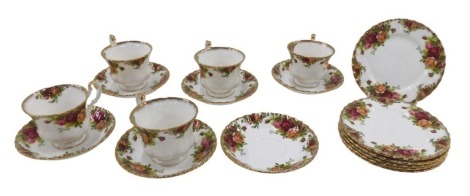 A Royal Albert Old Country Roses part tea service, comprising five teacups, six saucers and six side plates.