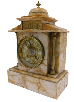 A 19thC marble mantel clock, the domed top above brass columned supports, with brass numeric dial, on square foot, striking bell movement, 35cm high, 23cm wide, 13cm deep.