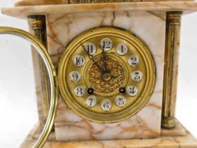 A 19thC marble mantel clock, the domed top above brass columned supports, with brass numeric dial, on square foot, striking bell movement, 35cm high, 23cm wide, 13cm deep. - 2