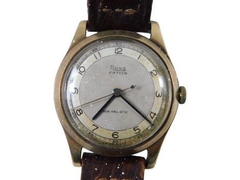 A Rone gent's wristwatch, with fifteen jewel non magnetic movement, on a silvered numeric dial, in yellow metal case, unmarked, on brown leather strap, 2.5cm diameter, 26.8g all in.