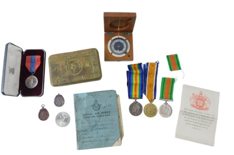 World War I and other ephemera and medals, comprising a Christmas 1914 tin, a 39-45 Defence medal, a Civilisation medal 14-19 inscribed 510440 SPR FW Arnold RA, a 14-18 George V medal for FW Arnold, two Swansea Telegraph Messengers Good Conduct and Drill 