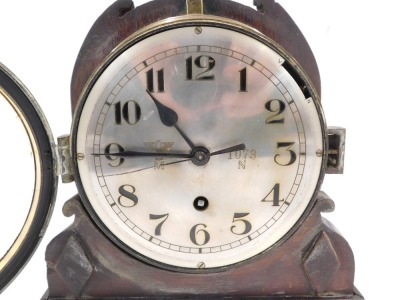 A brass WWII German Kreigsmarine u-boat or submarine clock, the silvered dial with Arabic numerals, engraved with the Third Reich eagle and 1073 N, later mount, the dial 17cm diameter. - 3