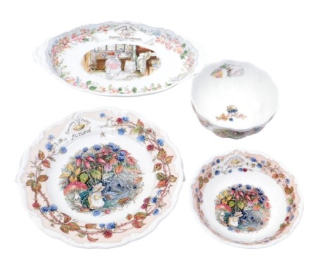 Royal Doulton Brambly Hedge wares, comprising Autumn bowl, Autumn breakfast bowl, Poppy Bedroom dish, and an autumn collector's plate. (4)