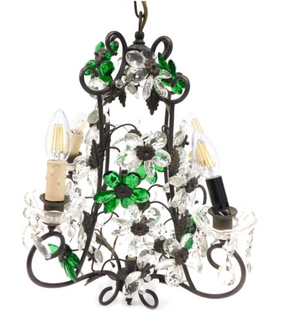 A 20thC five branch chandelier, with green and clear glass beads and drops, 49cm high.