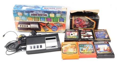 Various toys, comprising programmable Radofin Programmable video system, various Radofin & Acetronic cartridge games to include Invaders, Shooting Gallery, Black Jack, Challenge, Musical Games and other, and a remote controlled motorcycle, mainly boxed. (