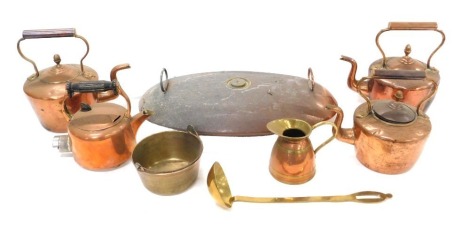 19thC and later copper and brassware, comprising four copper kettles, copper flagon, hot water bed warmer, saucepan and ladle.