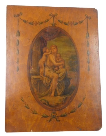 An early 20thC Sheraton revival painted panel, lady and putti in cartouche.