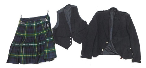 A pure wool black dress suit and waistcoat, and a green and blue tartan Scottish Highland kilt.