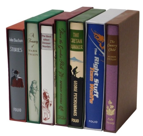 Seven Folio Society volumes, to include Wolfe (Tom) The Right Stuff, Buchan (John) Stories, Uttley (Alison) The Country Child, Nichols (Beverly) Down the Garden Path, Twain (Mark) A Treasury Of, Psychoundakis (George) The Cretan Runner and Best After Dinn