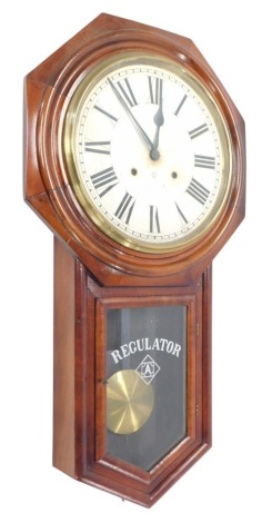 A late 19thC walnut cased Ansonia American drop dial wall clock, with printed dial, the door with printed lettering and regulator above the maker's stamp, 80cm high.