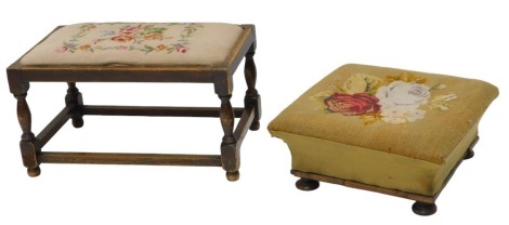 A Victorian square footstool, with floral wool work top, on bun feet, 39cm wide, and an oak stool, 46cm wide.