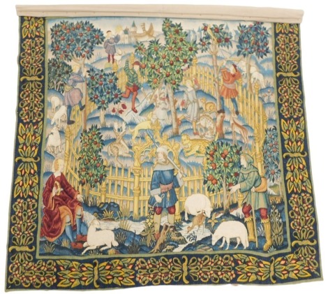 A tapestry in 16th century Flemish style , decorated with a scene of a hunting park, 177cm wide.