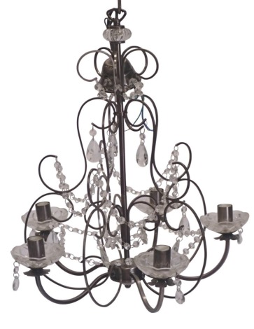 A modern silvered and cut glass five branch chandelier, with various drops, etc., 50cm wide.