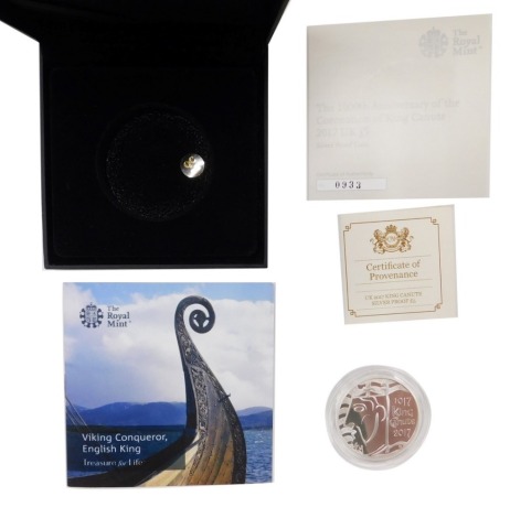 A 1000th Anniversary of the Coronation of King Canute 2017 UK five pound silver proof coin, number 933, with box and packaging.